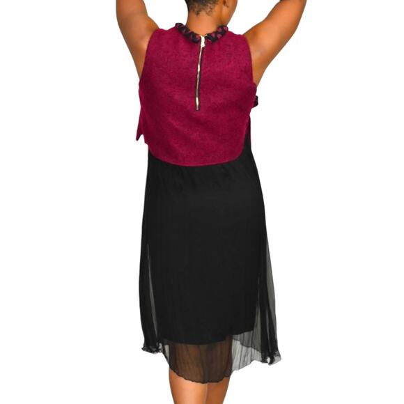 Midi Dress Red Two Tone Overlay Vest Black Mixed Texture Sheer Colorblock Small - Picture 3 of 15